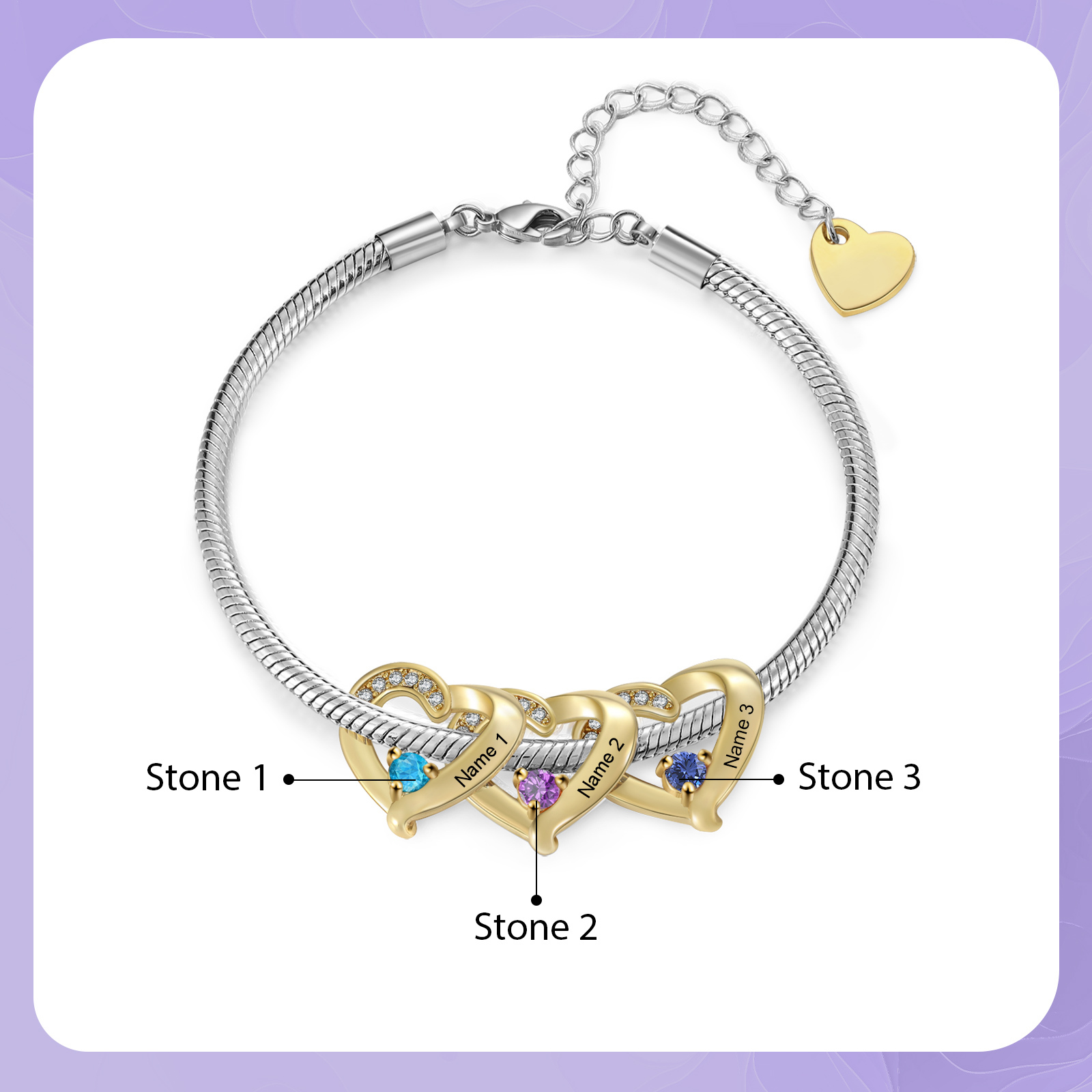 Personalised 1-5 Names Birthstone Heart Bracelet with Custom Name Charms | Jessemade