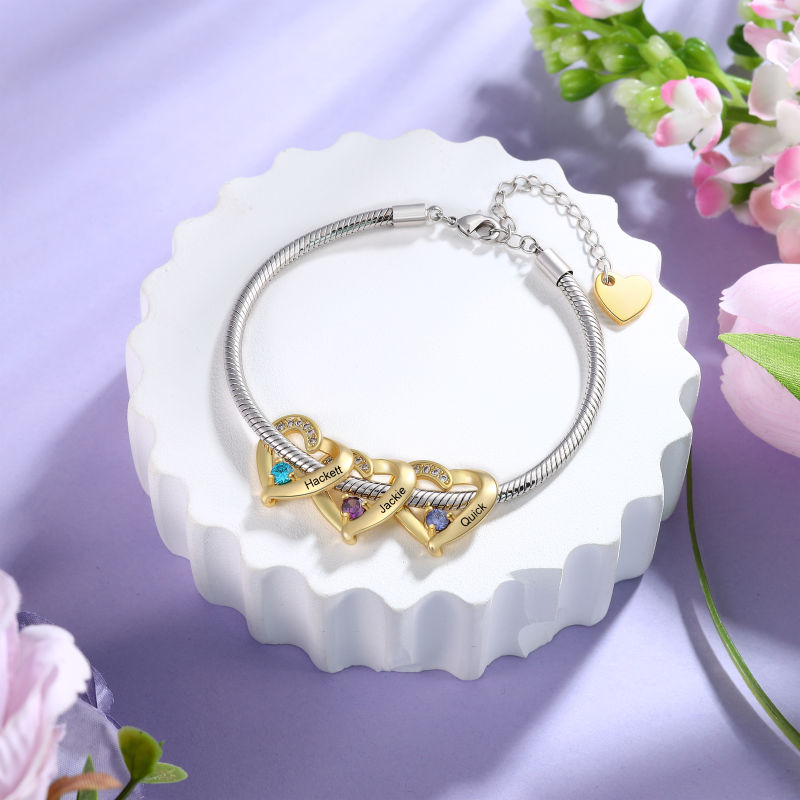 Personalised 1-5 Names Birthstone Heart Bracelet with Custom Name Charms | Jessemade