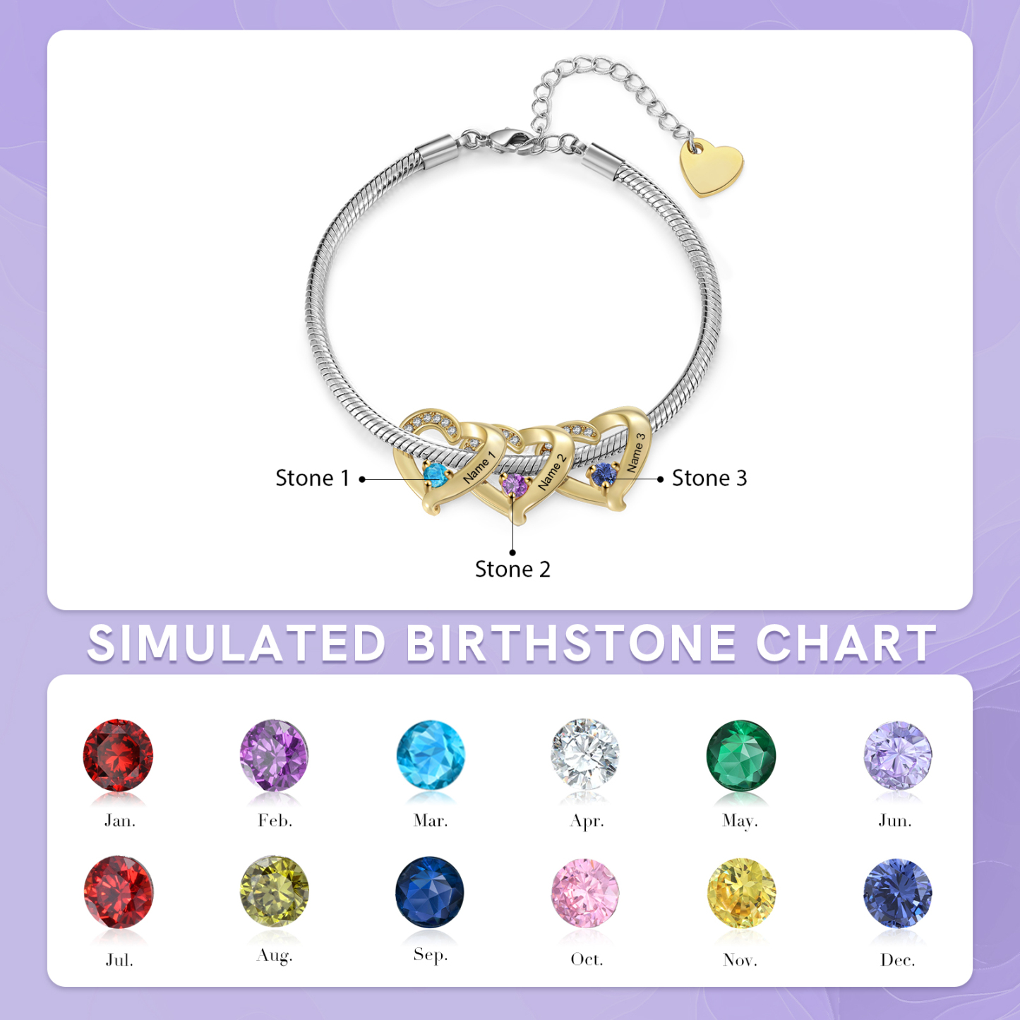 Personalised 1-5 Names Birthstone Heart Bracelet with Custom Name Charms | Jessemade