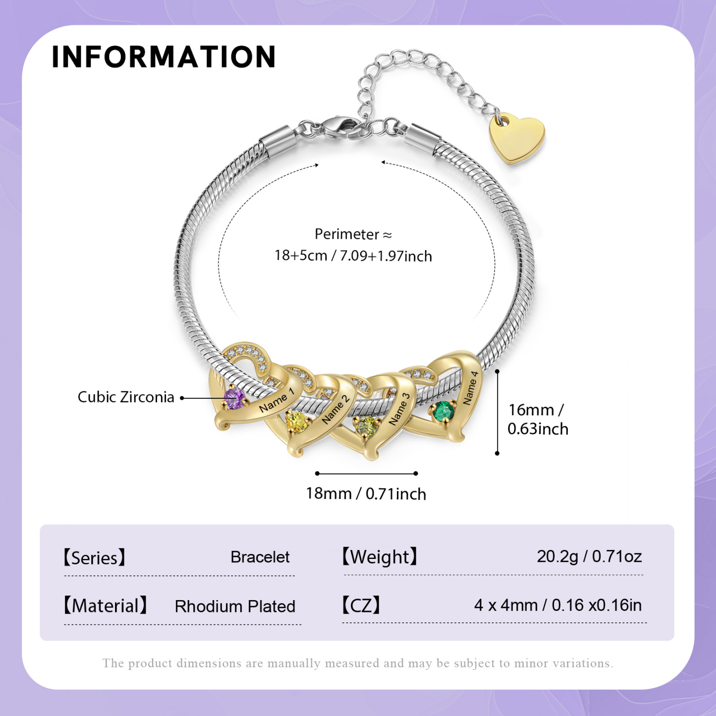 Personalised 1-5 Names Birthstone Heart Bracelet with Custom Name Charms | Jessemade