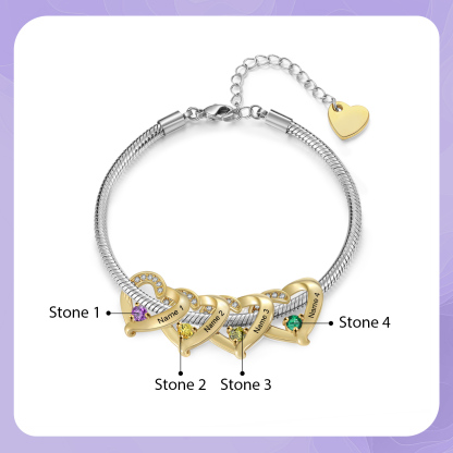 Personalised 1-5 Names Birthstone Heart Bracelet with Custom Name Charms | Jessemade