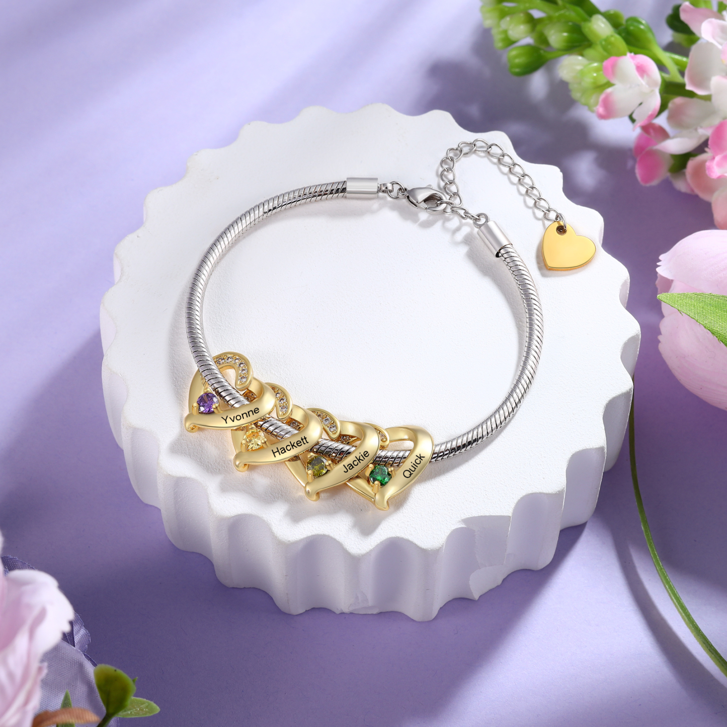 Personalised 1-5 Names Birthstone Heart Bracelet with Custom Name Charms | Jessemade