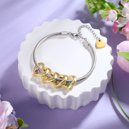 Personalised 1-5 Names Birthstone Heart Bracelet with Custom Name Charms | Jessemade