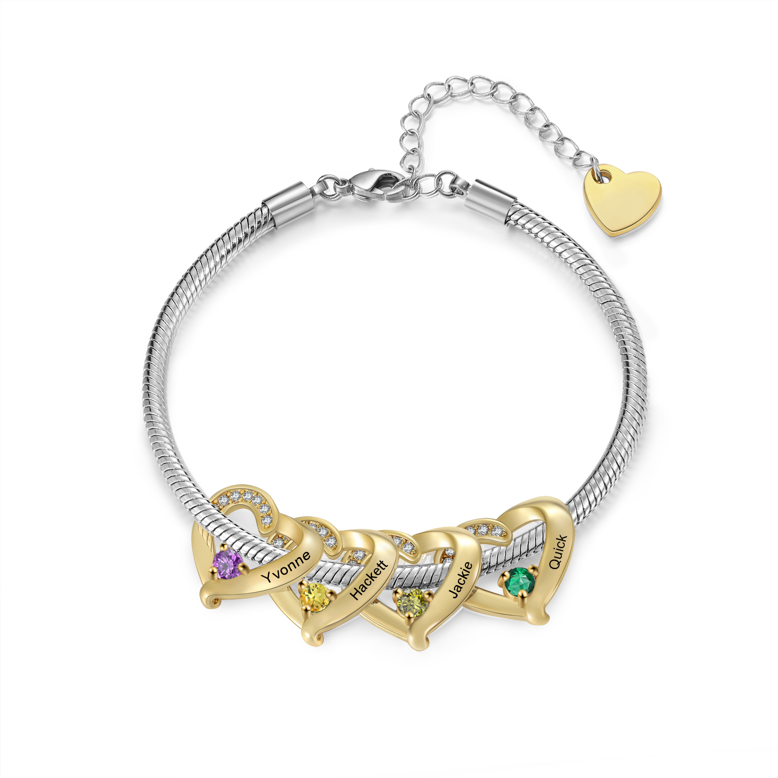 Personalised 1-5 Names Birthstone Heart Bracelet with Custom Name Charms | Jessemade