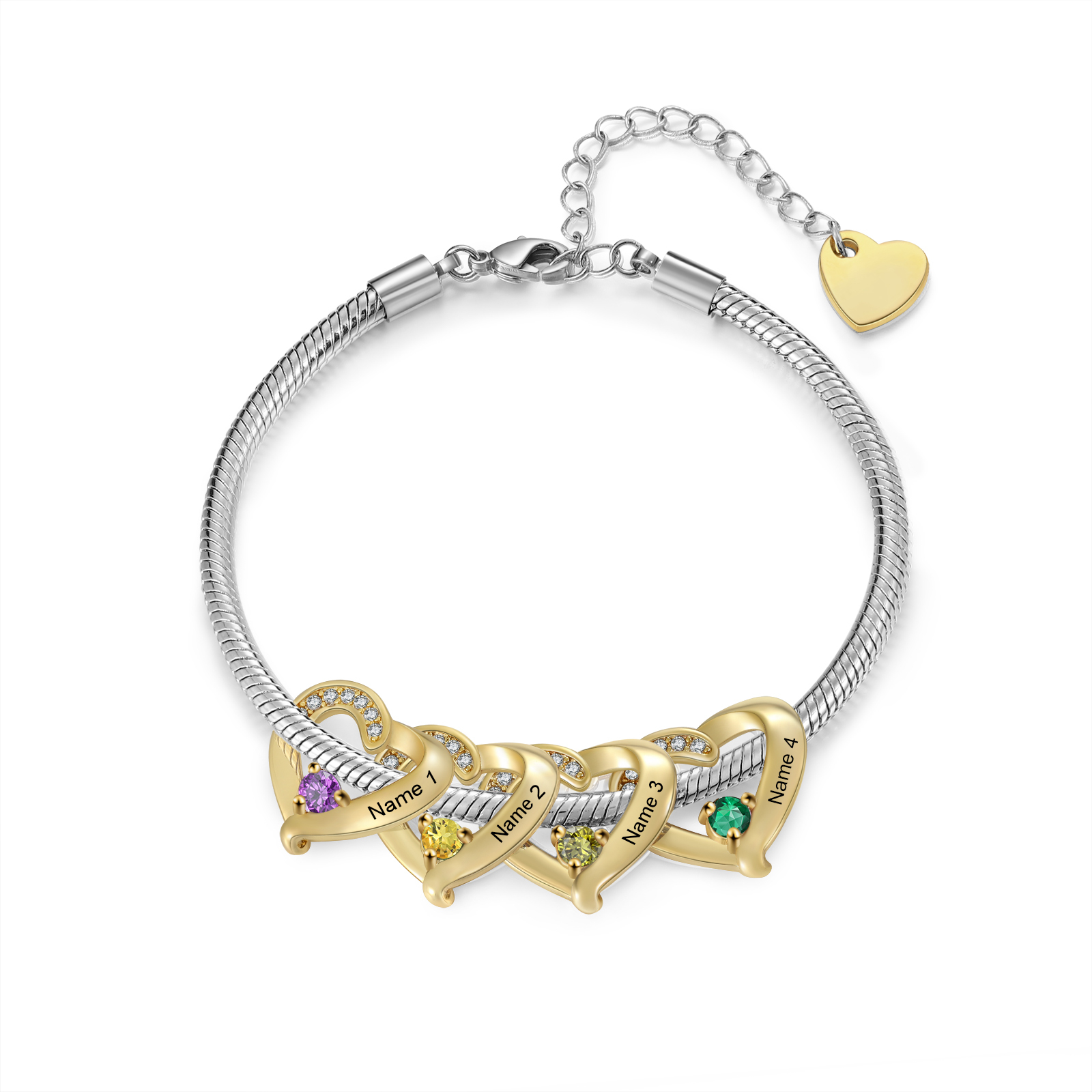Personalised 1-5 Names Birthstone Heart Bracelet with Custom Name Charms | Jessemade
