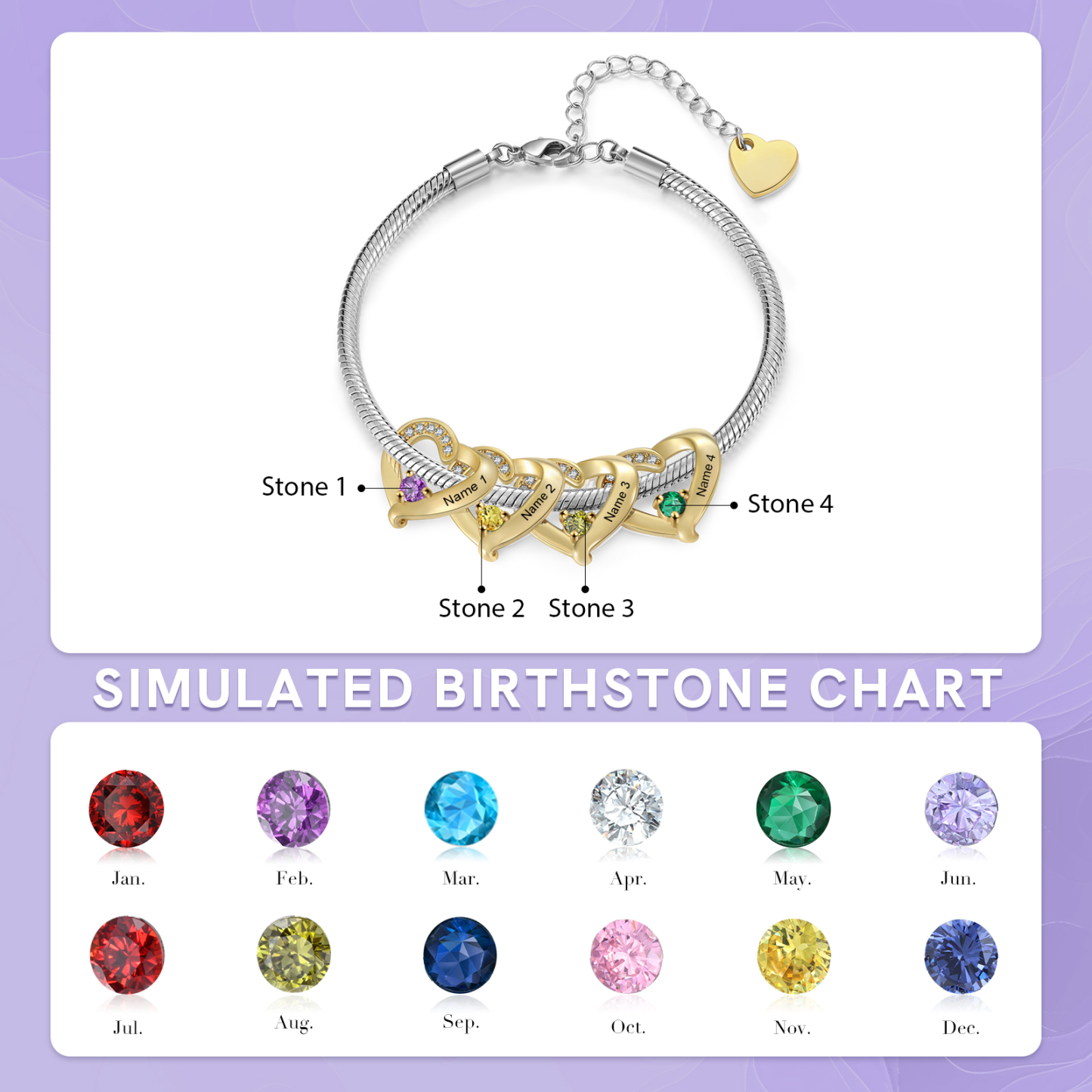 Personalised 1-5 Names Birthstone Heart Bracelet with Custom Name Charms | Jessemade