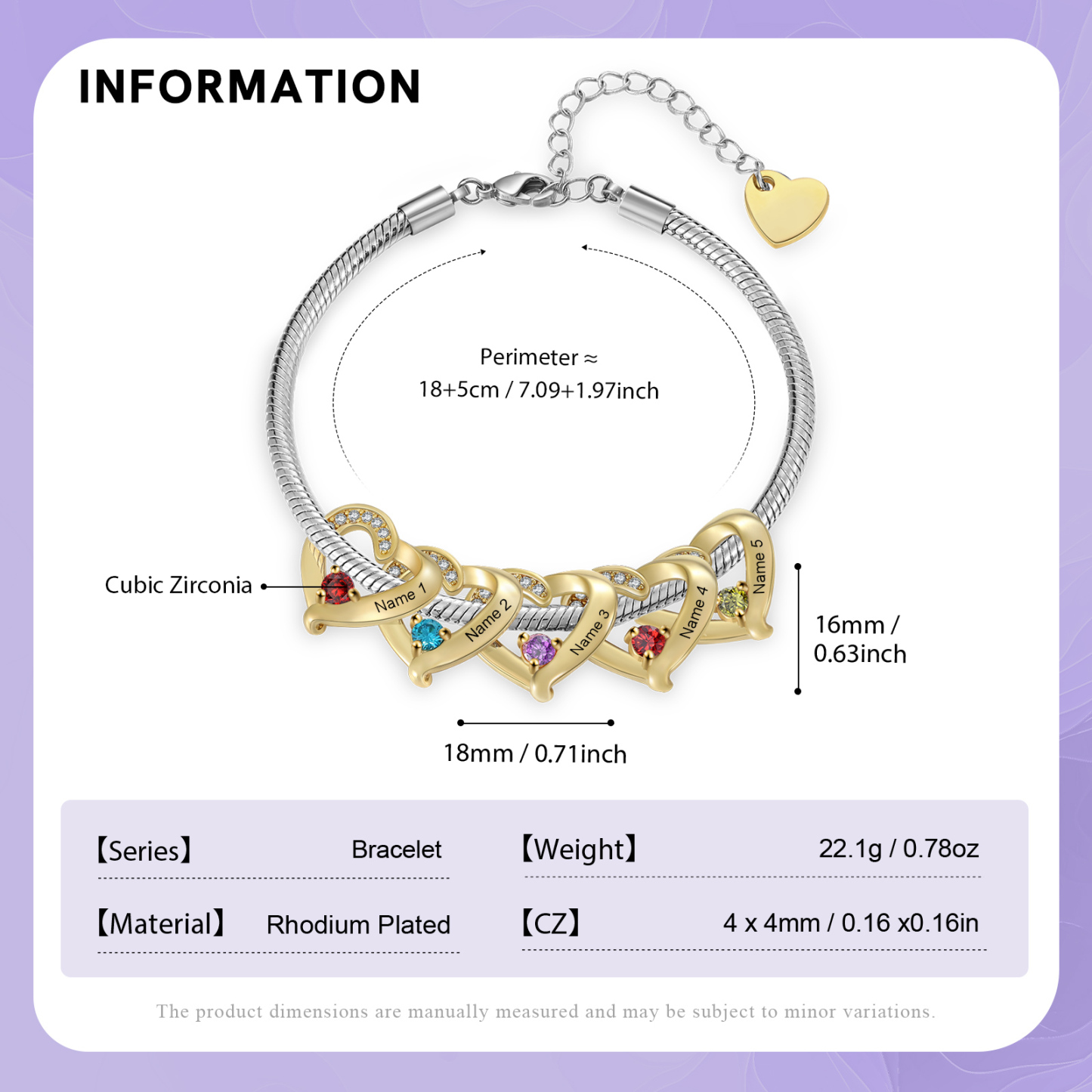 Personalised 1-5 Names Birthstone Heart Bracelet with Custom Name Charms | Jessemade