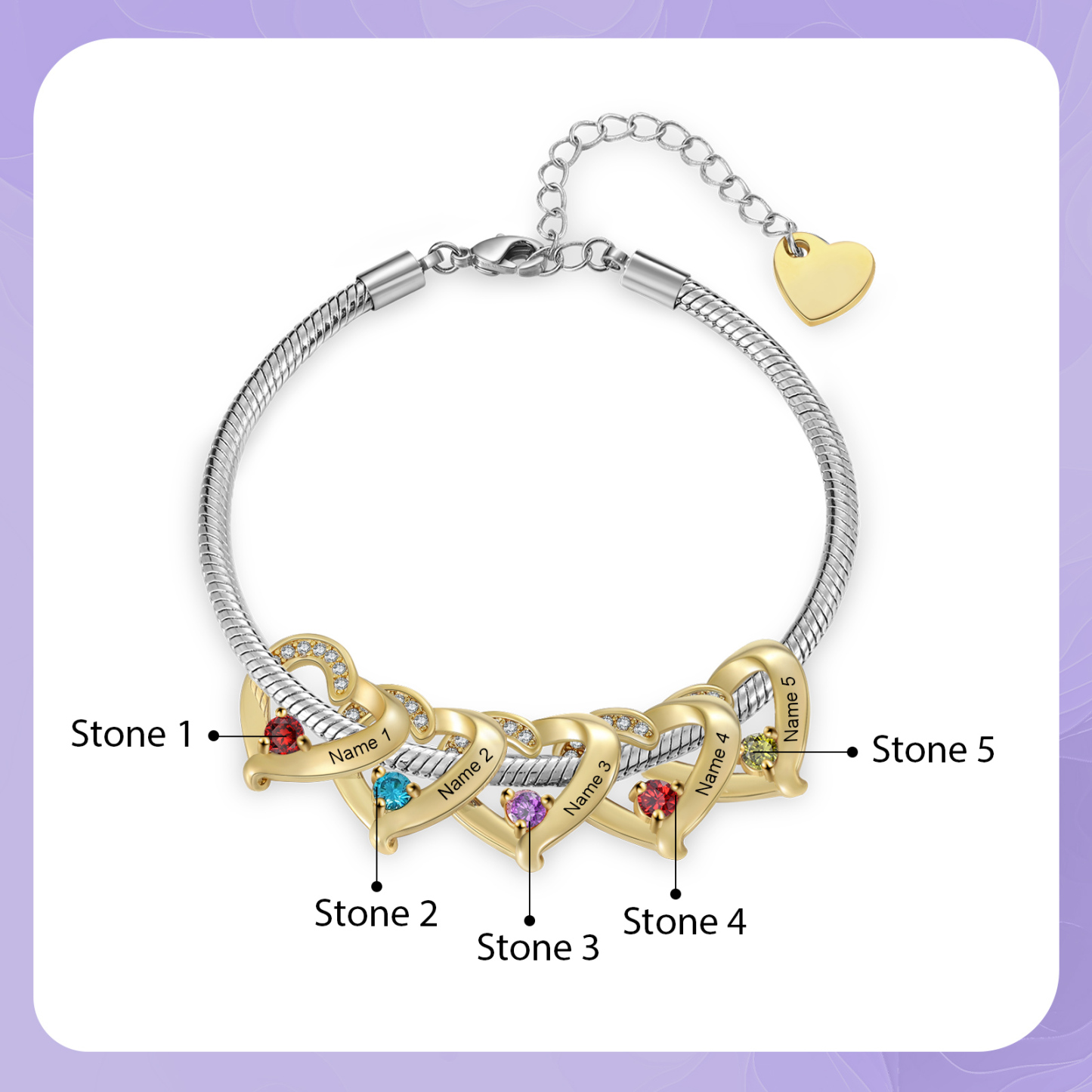Personalised 1-5 Names Birthstone Heart Bracelet with Custom Name Charms | Jessemade