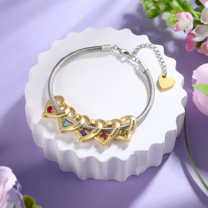 Personalised 1-5 Names Birthstone Heart Bracelet with Custom Name Charms | Jessemade