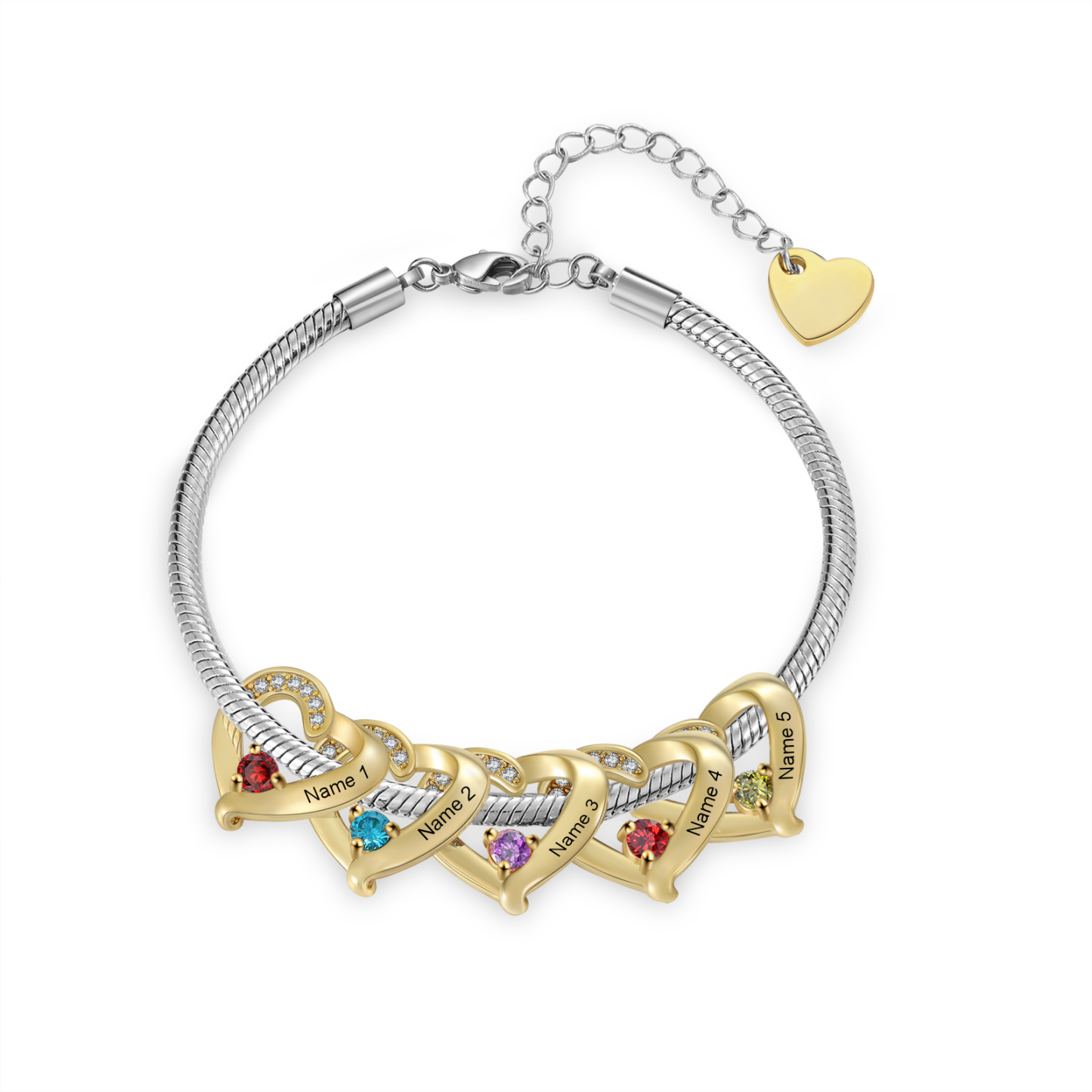 Personalised 1-5 Names Birthstone Heart Bracelet with Custom Name Charms | Jessemade