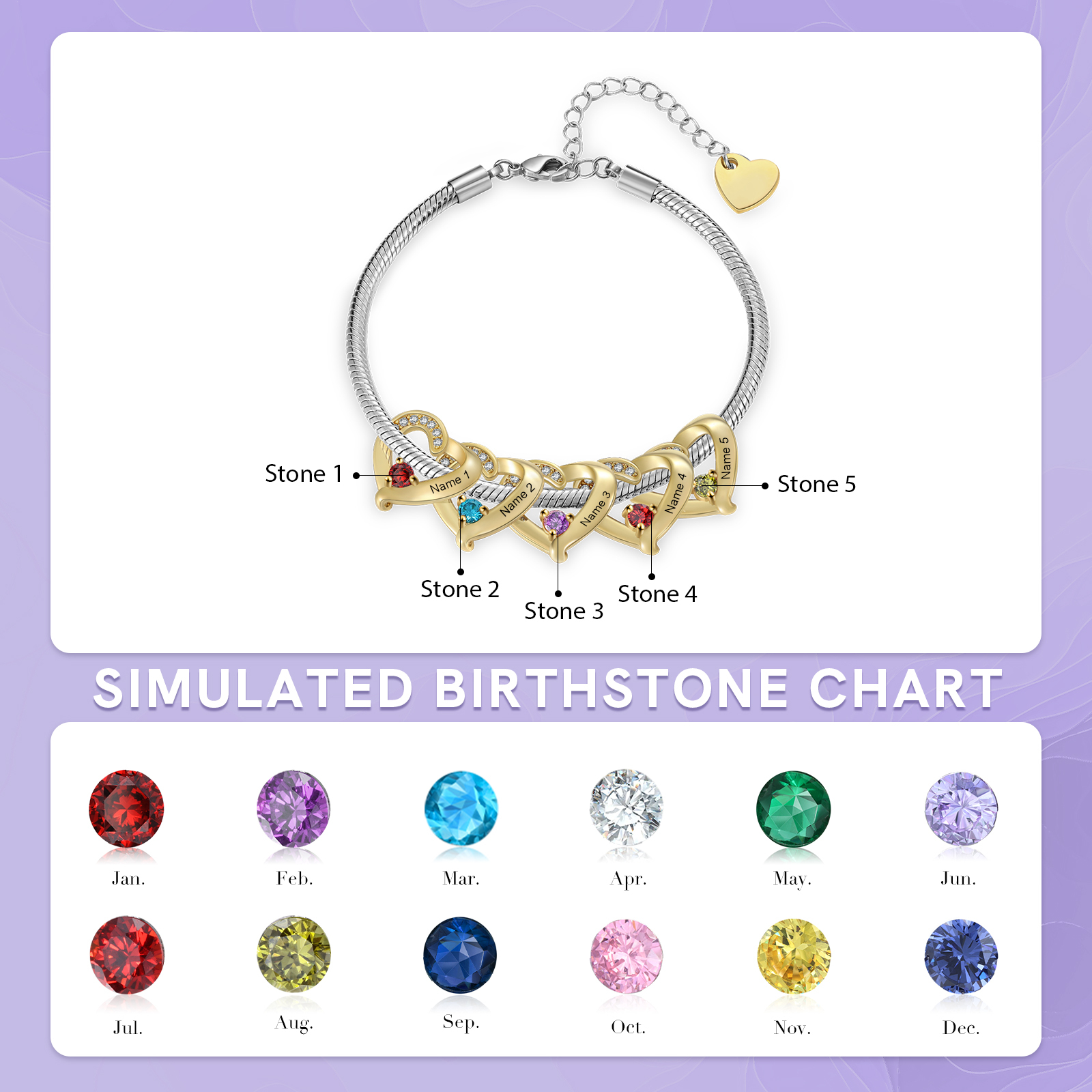Personalised 1-5 Names Birthstone Heart Bracelet with Custom Name Charms | Jessemade