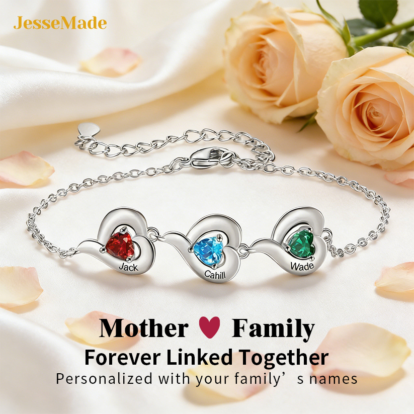 Personalised 1-5 Names Adjustable Heart Birthstone Bracelet