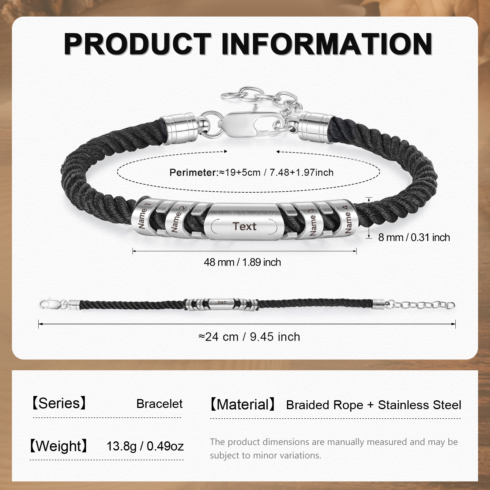 4 Names & 1 Text Personalised Men Adjustable Bracelet – Braided Rope & Stainless Steel Design | Jessemade