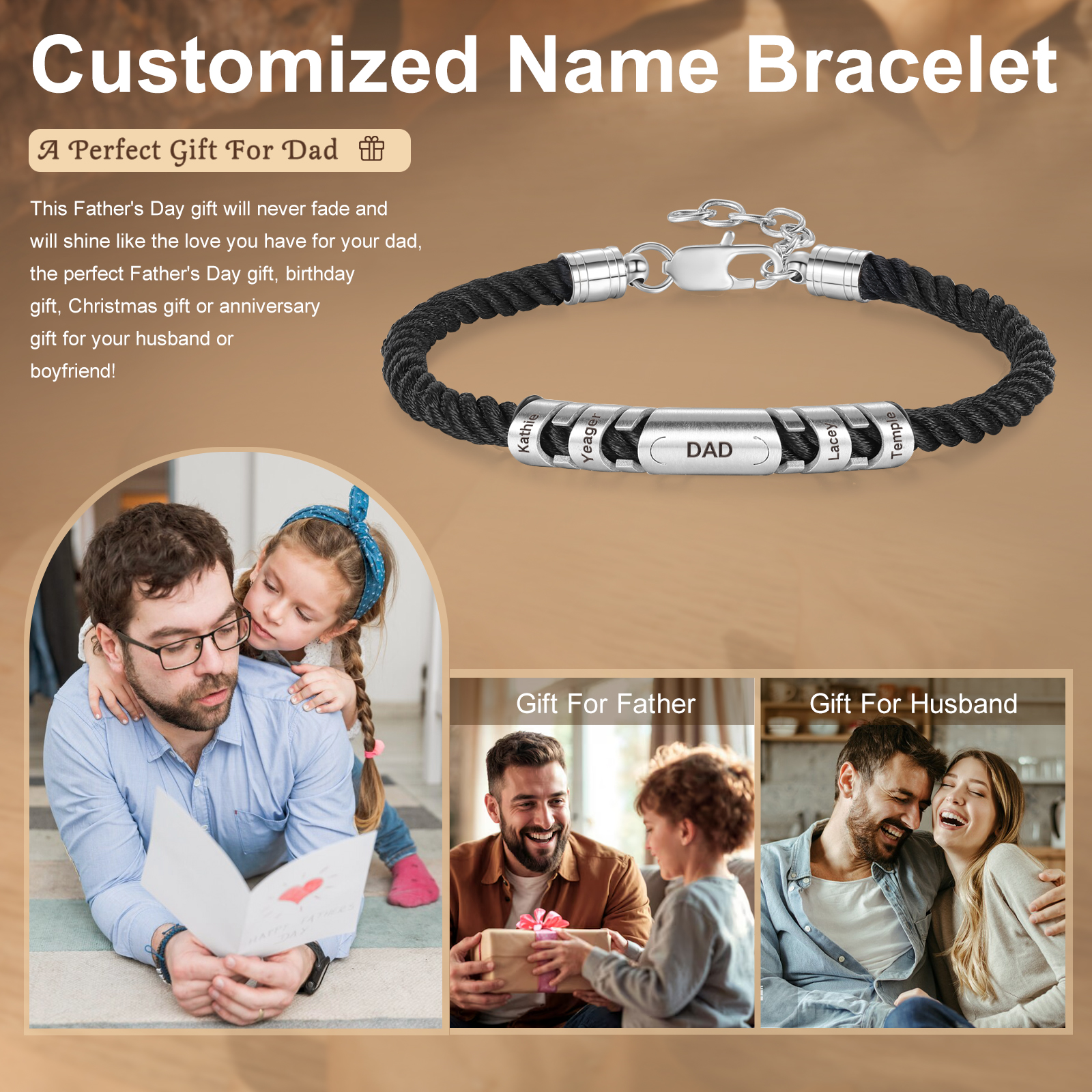 4 Names & 1 Text Personalised Men Adjustable Bracelet – Braided Rope & Stainless Steel Design | Jessemade