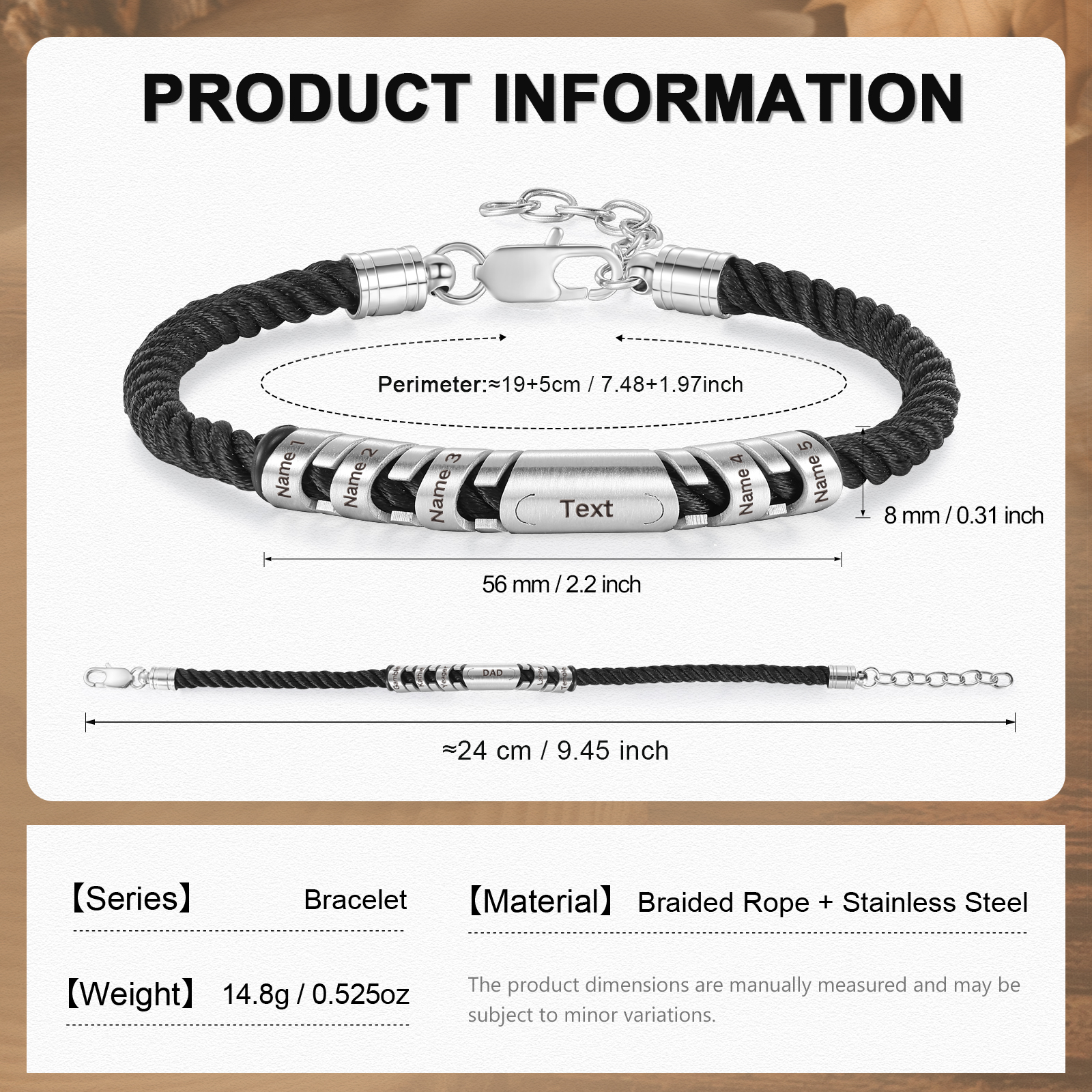 5 Names & 1 Text Personalised Men Adjustable Bracelet – Braided Rope & Stainless Steel Design | Jessemade