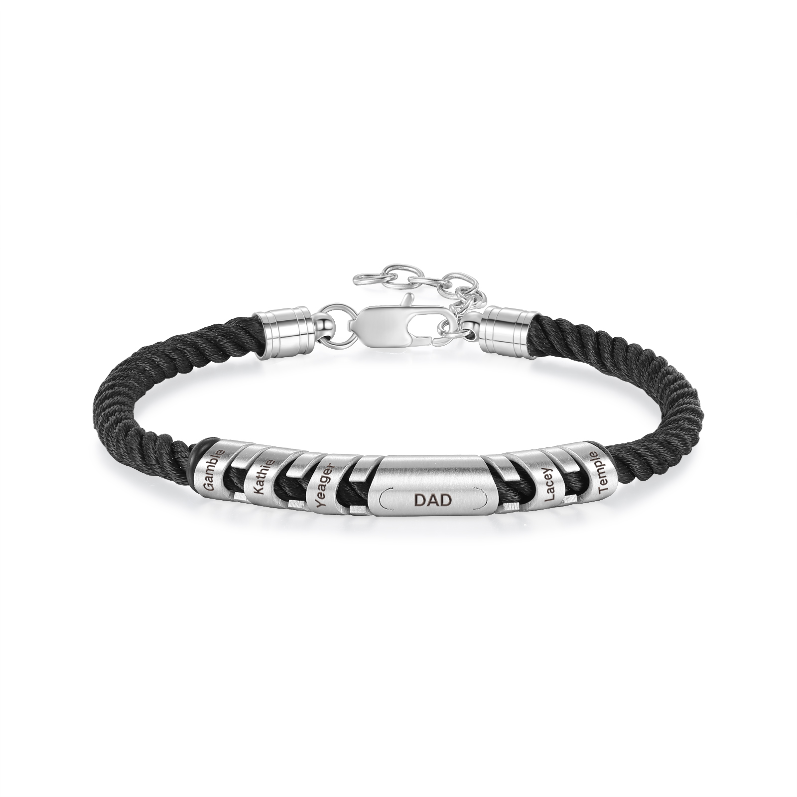5 Names & 1 Text Personalised Men Adjustable Bracelet – Braided Rope & Stainless Steel Design | Jessemade