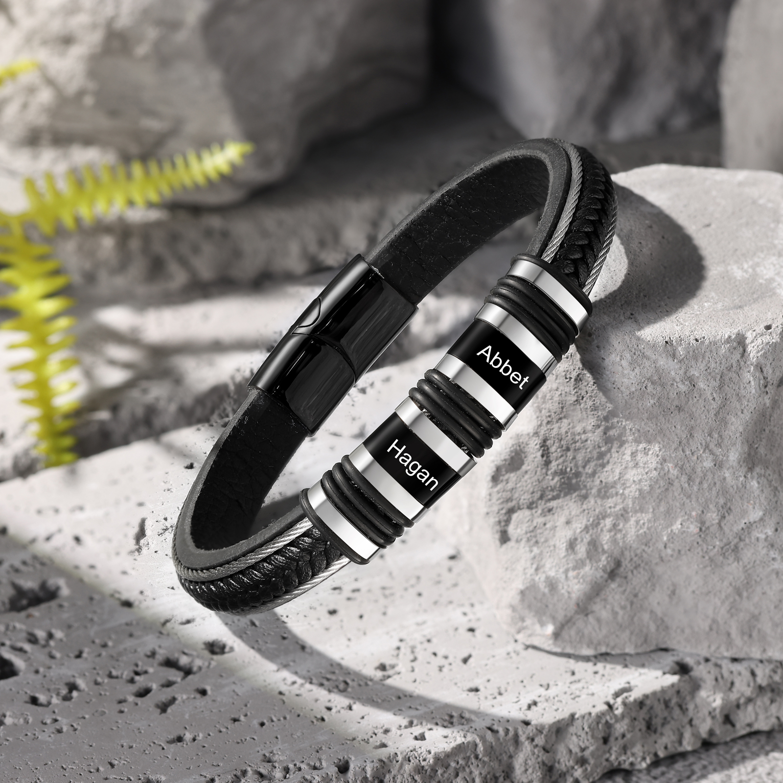 Personalised Men Leather Stainless Steel Bracelet with 2 Names - Custom Gift for Him | Jessemade