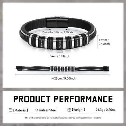 Personalised Men Leather Stainless Steel Bracelet with 3 Names - Custom Gift for Him | Jessemade