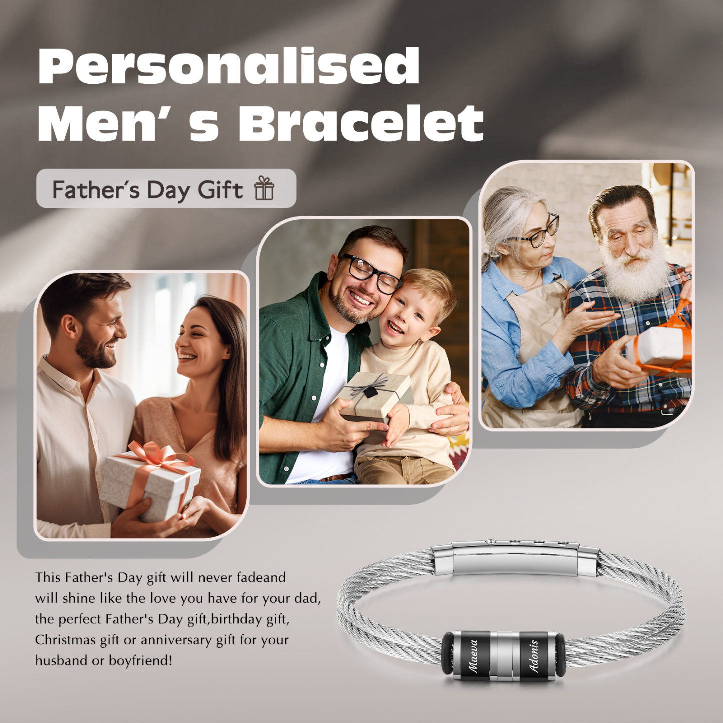 Personalised Men Stainless Steel Adjustable Bracelet with 2 Names - Custom Gift for Him | Jessemade