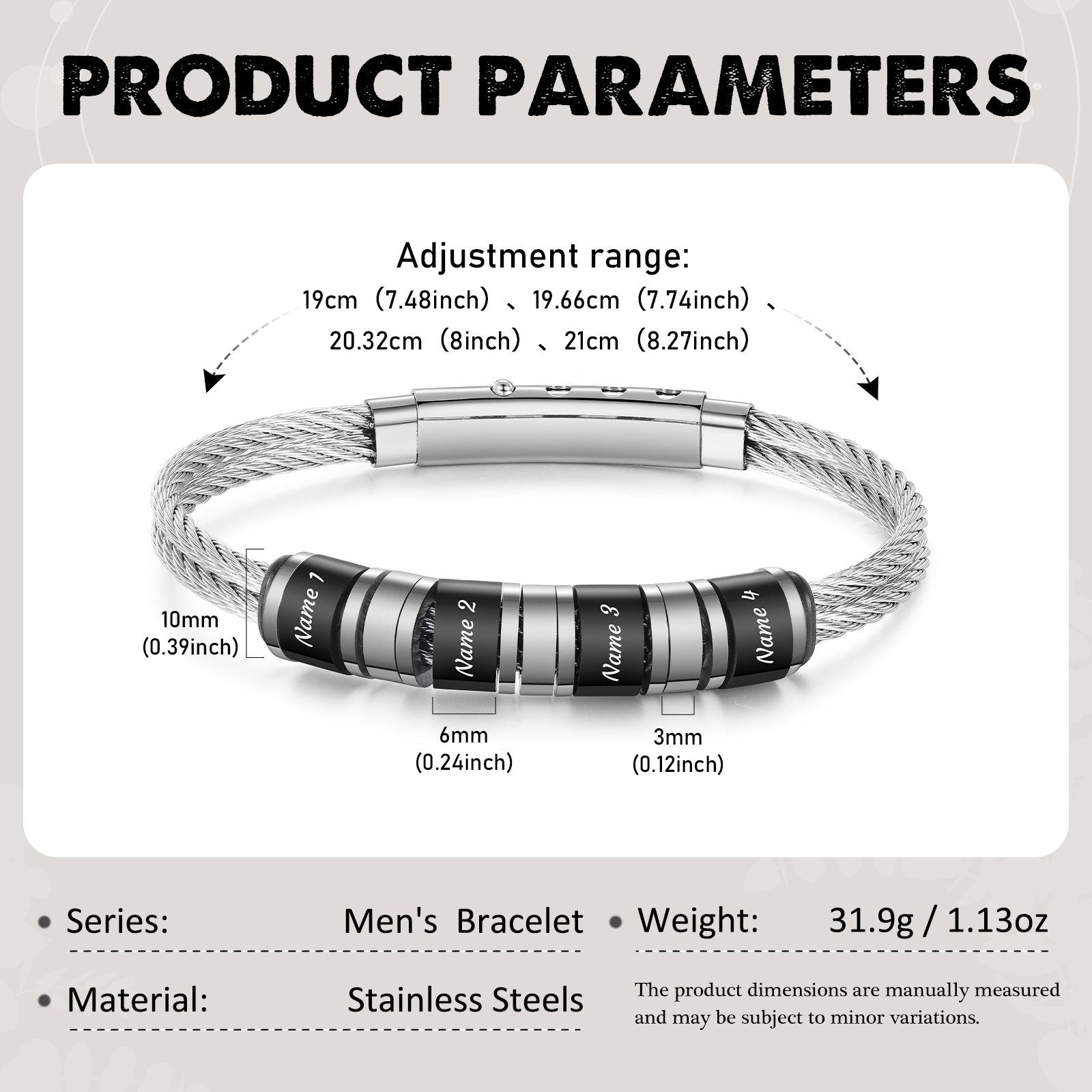 Personalised Men Stainless Steel Adjustable Bracelet with 4 Names - Custom Gift for Him | Jessemade