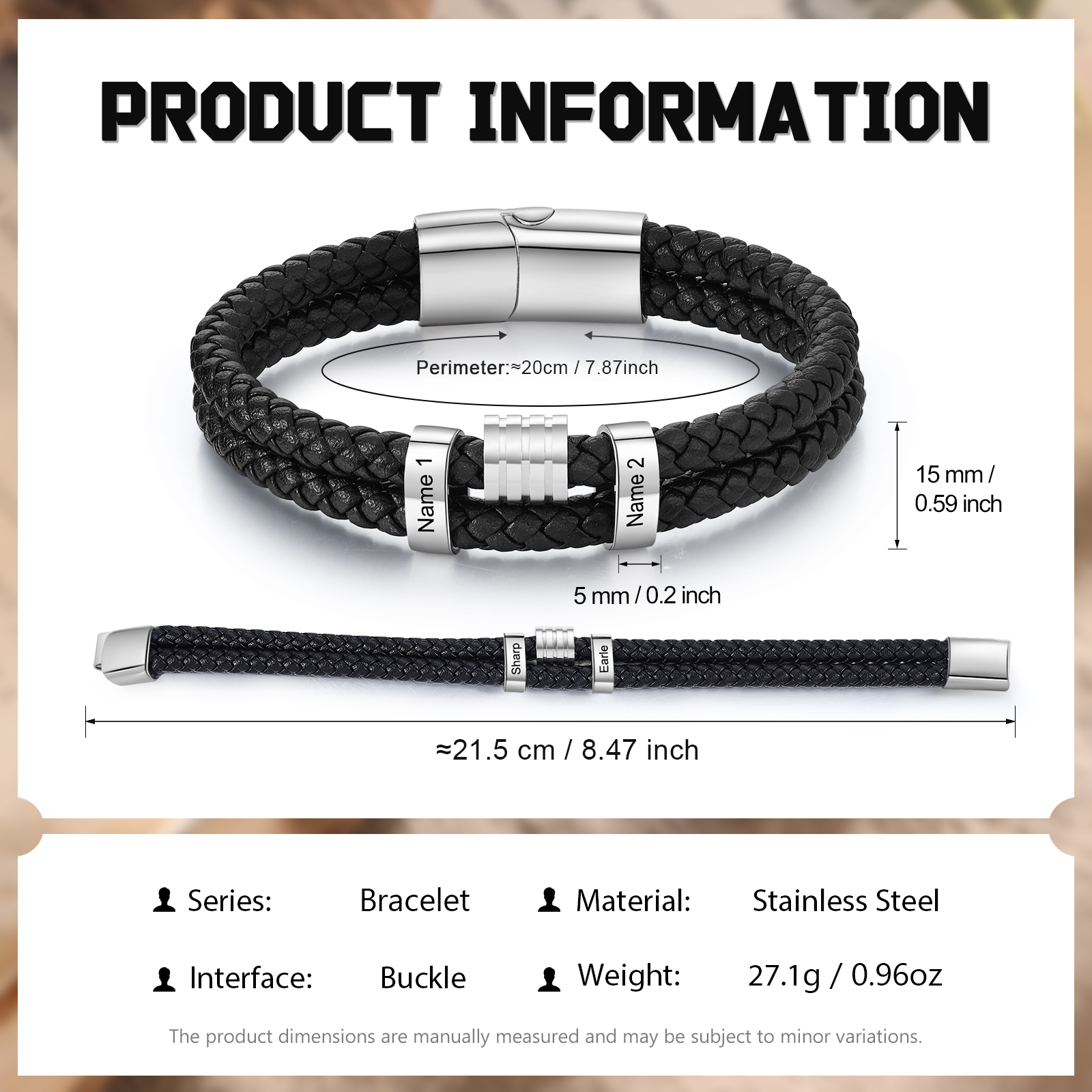 2 Names Personalised Braided Leather Bracelet for Men – Custom Engraved Name Beads & Stainless Steel Clasp | Jessemade