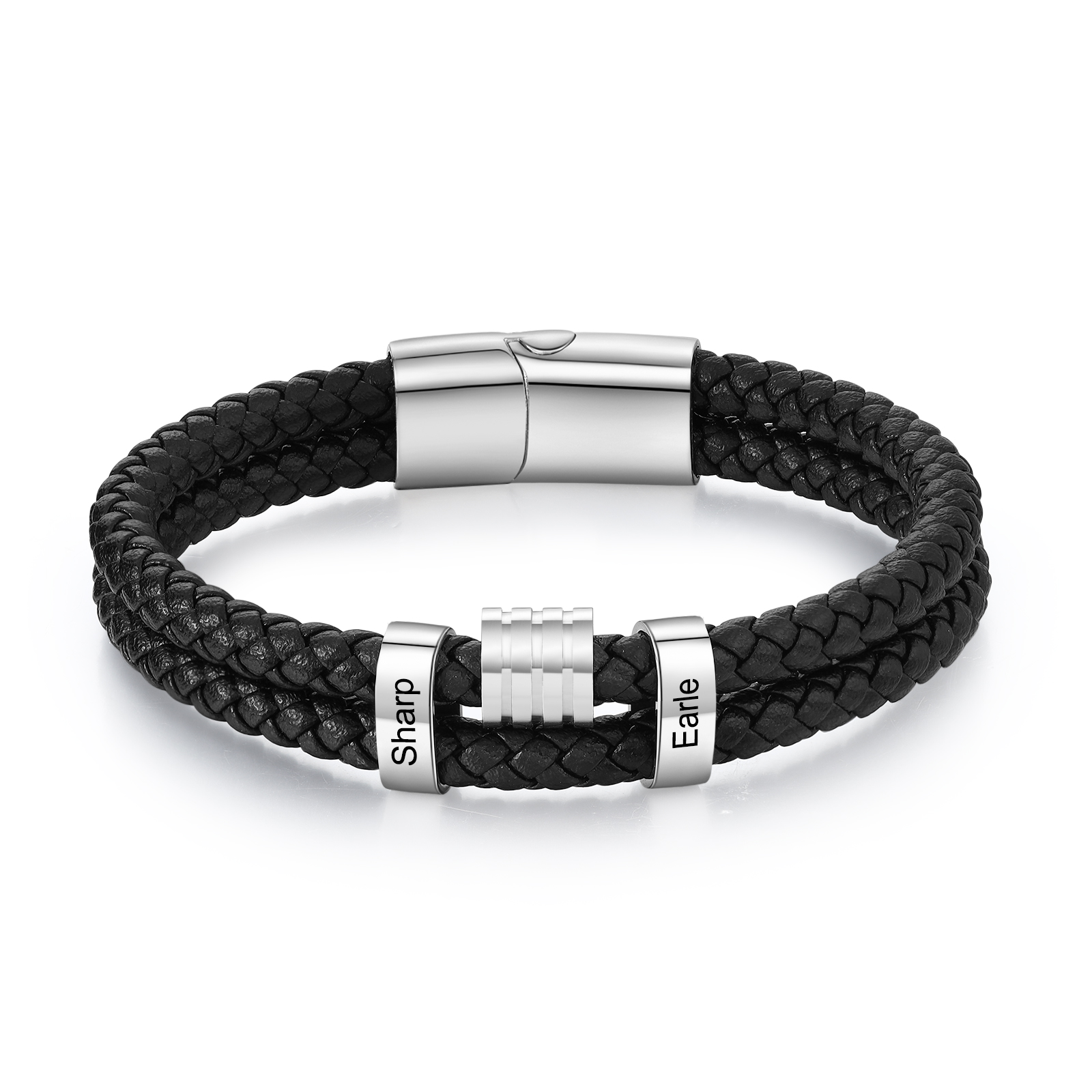2 Names Personalised Braided Leather Bracelet for Men – Custom Engraved Name Beads & Stainless Steel Clasp | Jessemade