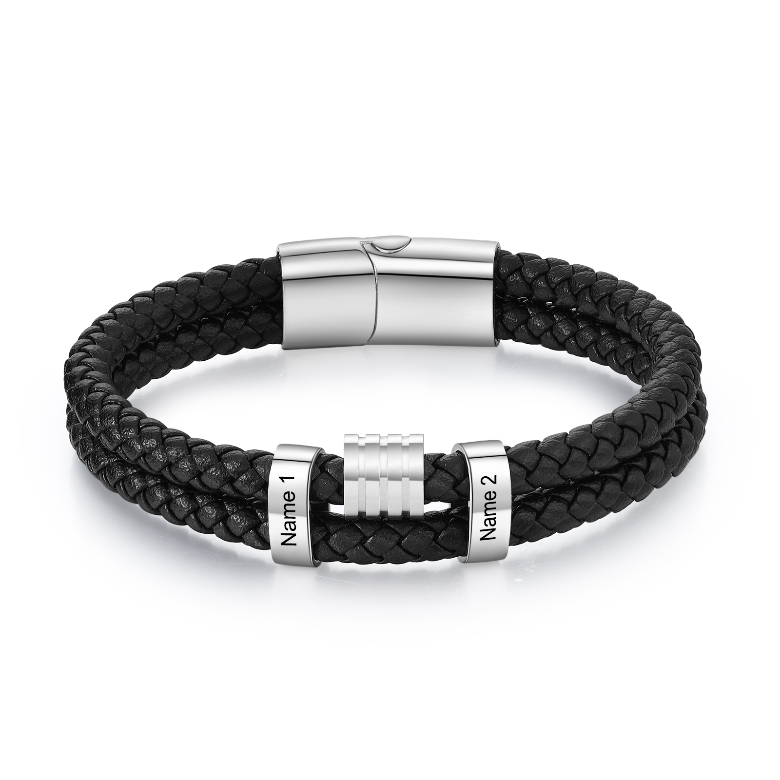 Personalised 2-5 Names Braided Leather Bracelet Stainless Steel Clasp for Men | Jessemade