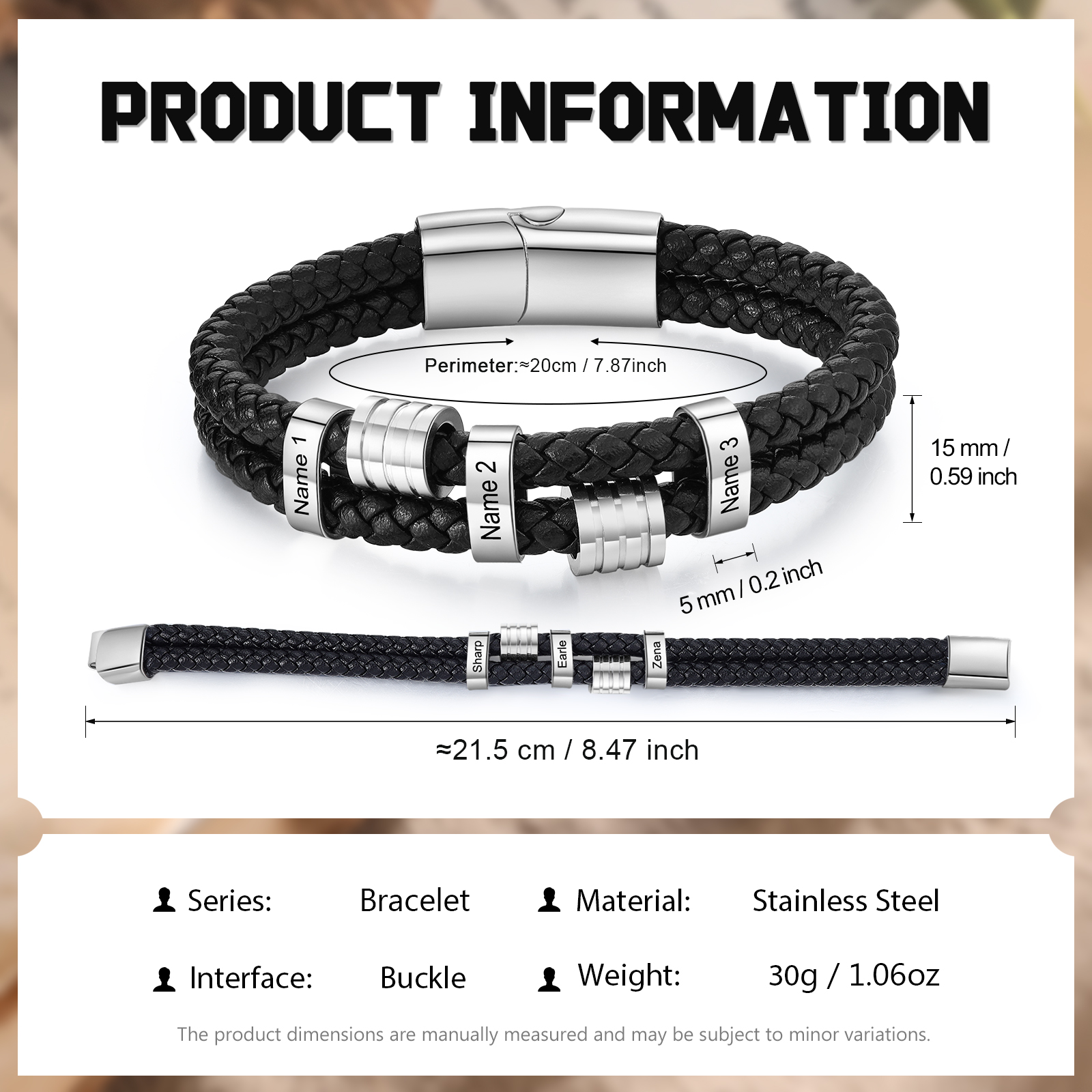 3 Names Personalised Braided Leather Bracelet for Men – Custom Engraved Name Beads & Stainless Steel Clasp | Jessemade