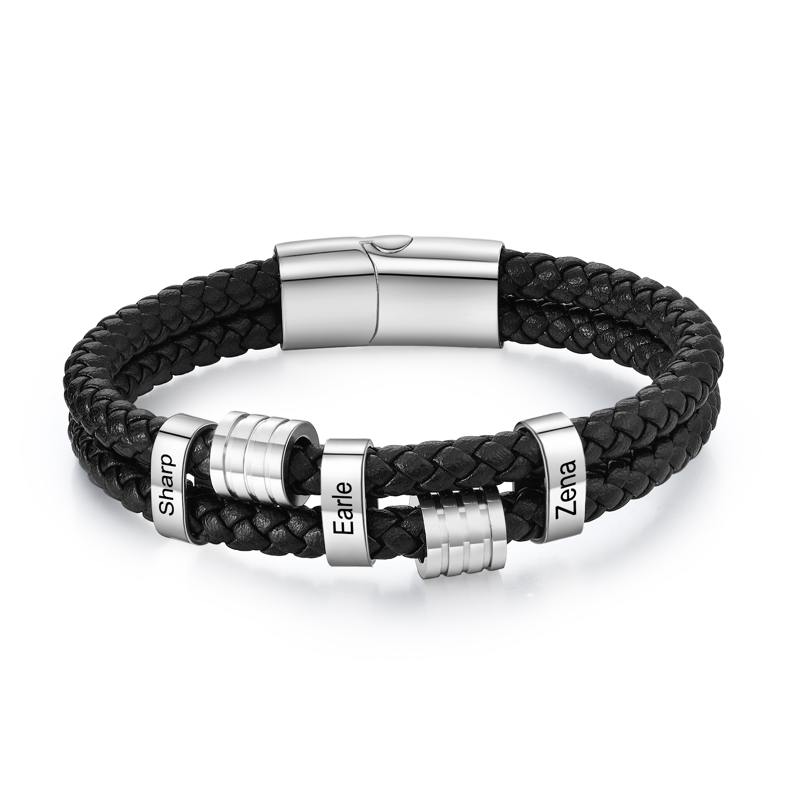 3 Names Personalised Braided Leather Bracelet for Men – Custom Engraved Name Beads & Stainless Steel Clasp | Jessemade