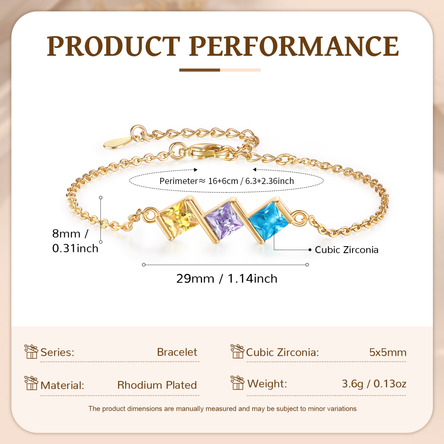 3 Birthstones Personalised Women's Birthstone Bracelet, Square Pendant Design Gift for Her | Jessemade