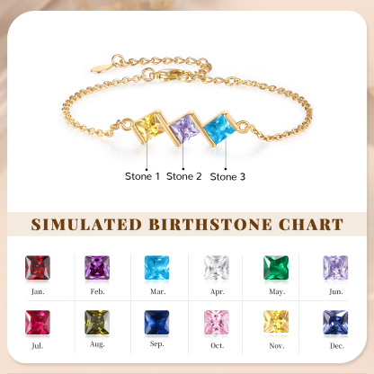 3 Birthstones Personalised Women's Birthstone Bracelet, Square Pendant Design Gift for Her | Jessemade