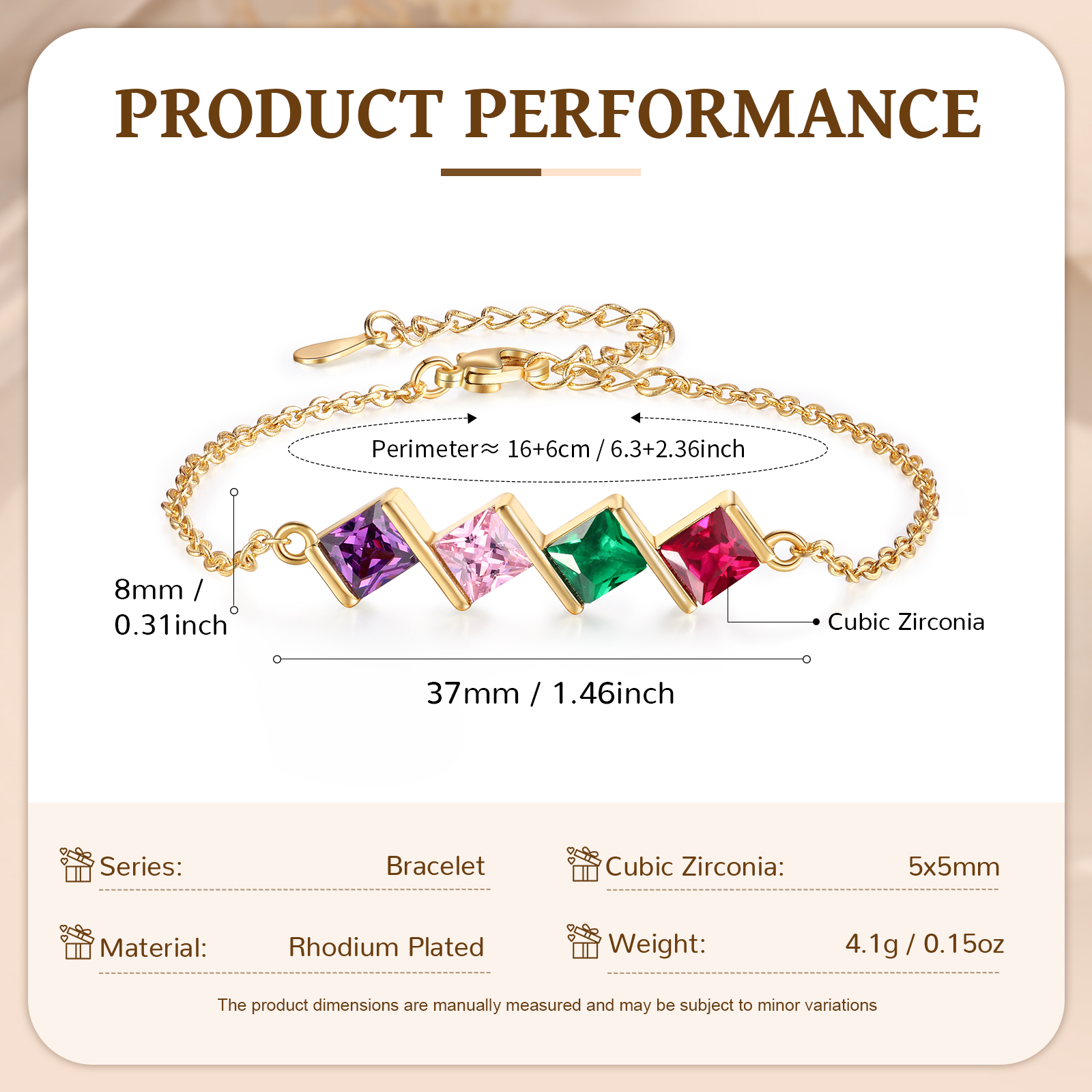 4 Birthstones Personalised Women's Birthstone Bracelet, Square Pendant Design Gift for Her | Jessemade