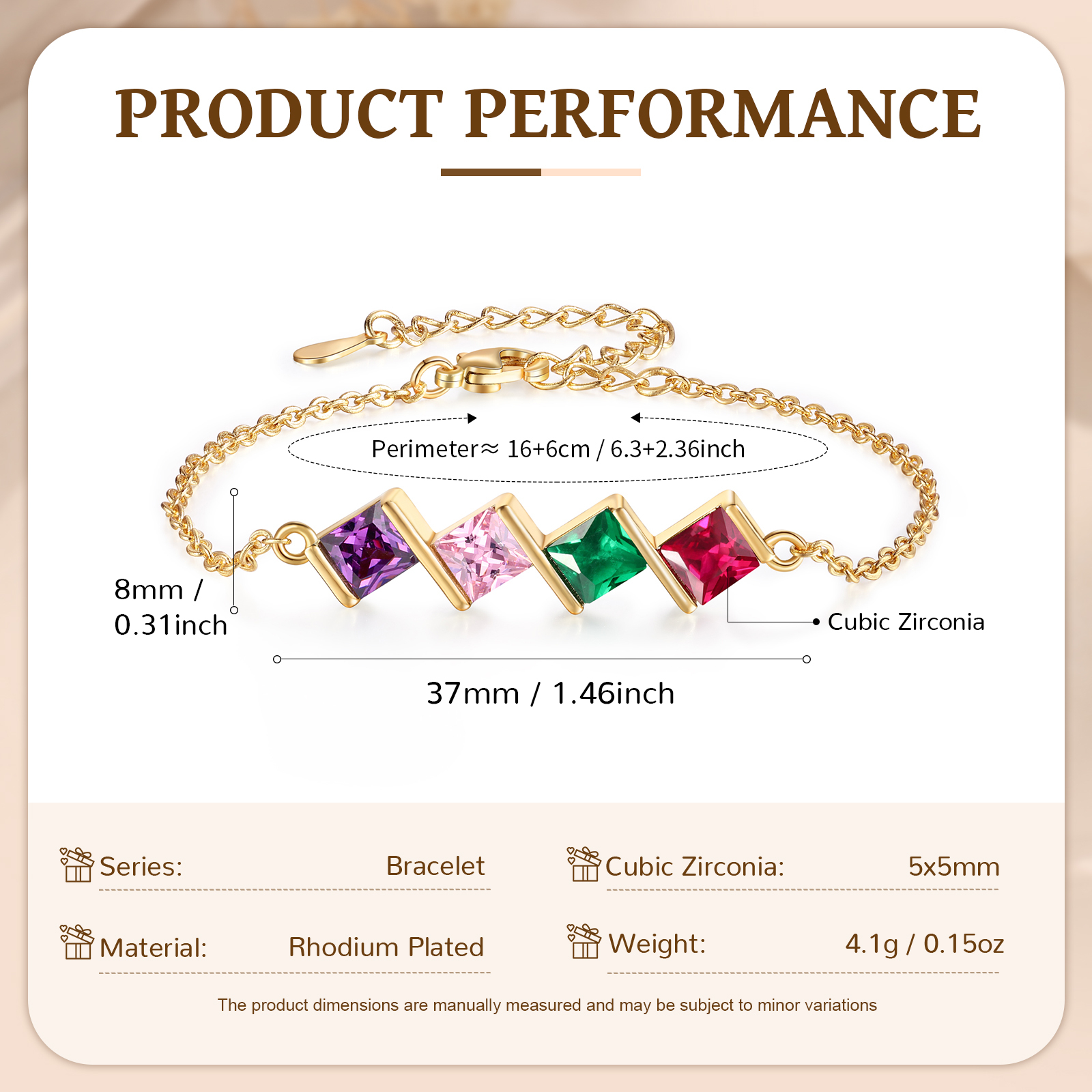 4 Birthstones Personalised Women's Birthstone Bracelet, Square Pendant Design Gift for Her | Jessemade