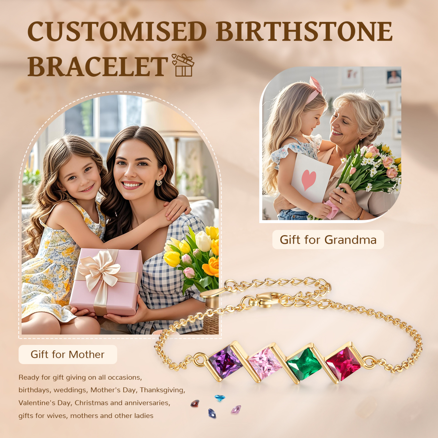 4 Birthstones Personalised Women's Birthstone Bracelet, Square Pendant Design Gift for Her | Jessemade