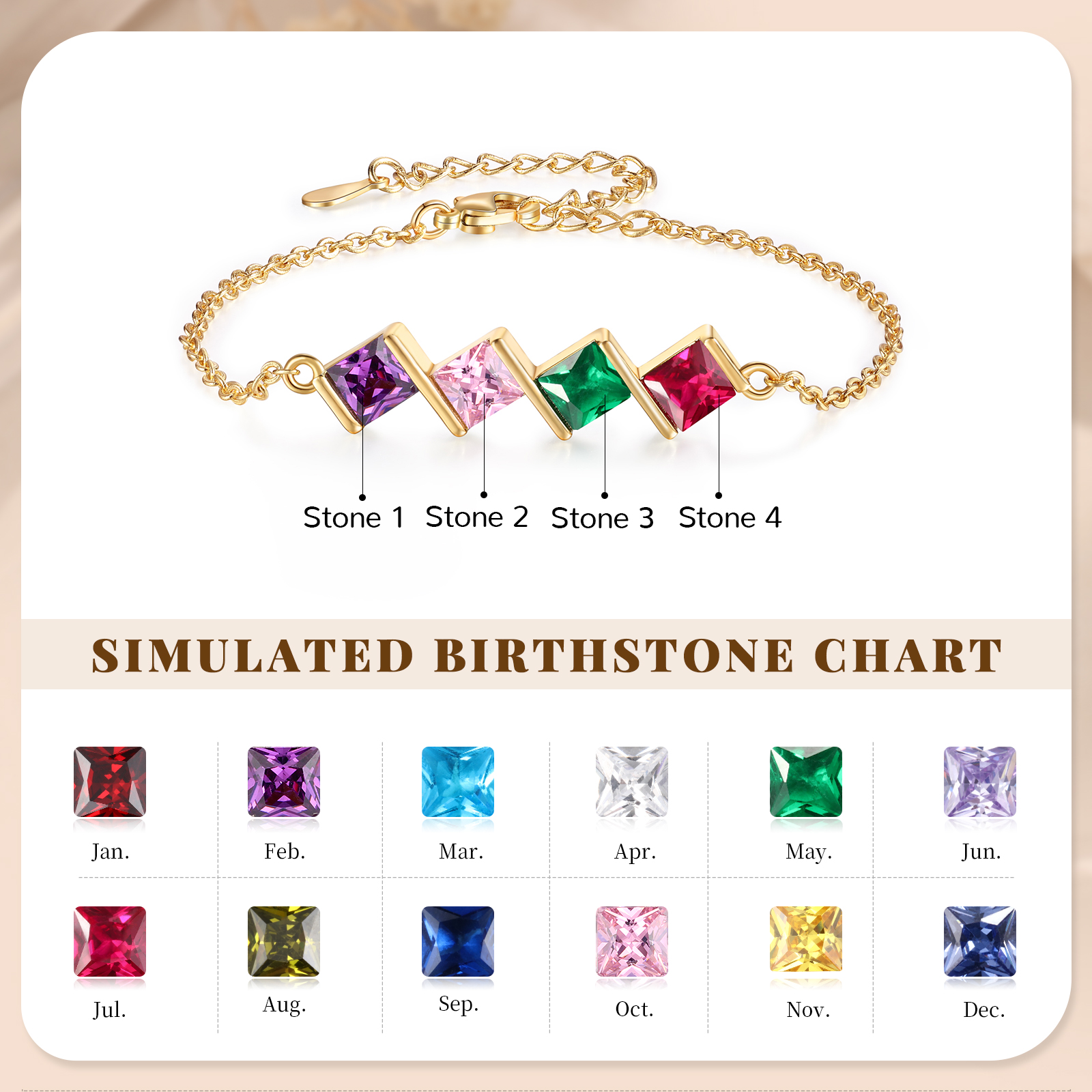 4 Birthstones Personalised Women's Birthstone Bracelet, Square Pendant Design Gift for Her | Jessemade