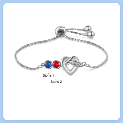 Personalised Birthstone Bracelet – Heart Knot Design, Custom 2 Names & 2 Birthstones Gift for Mother’s Day | Jessemade