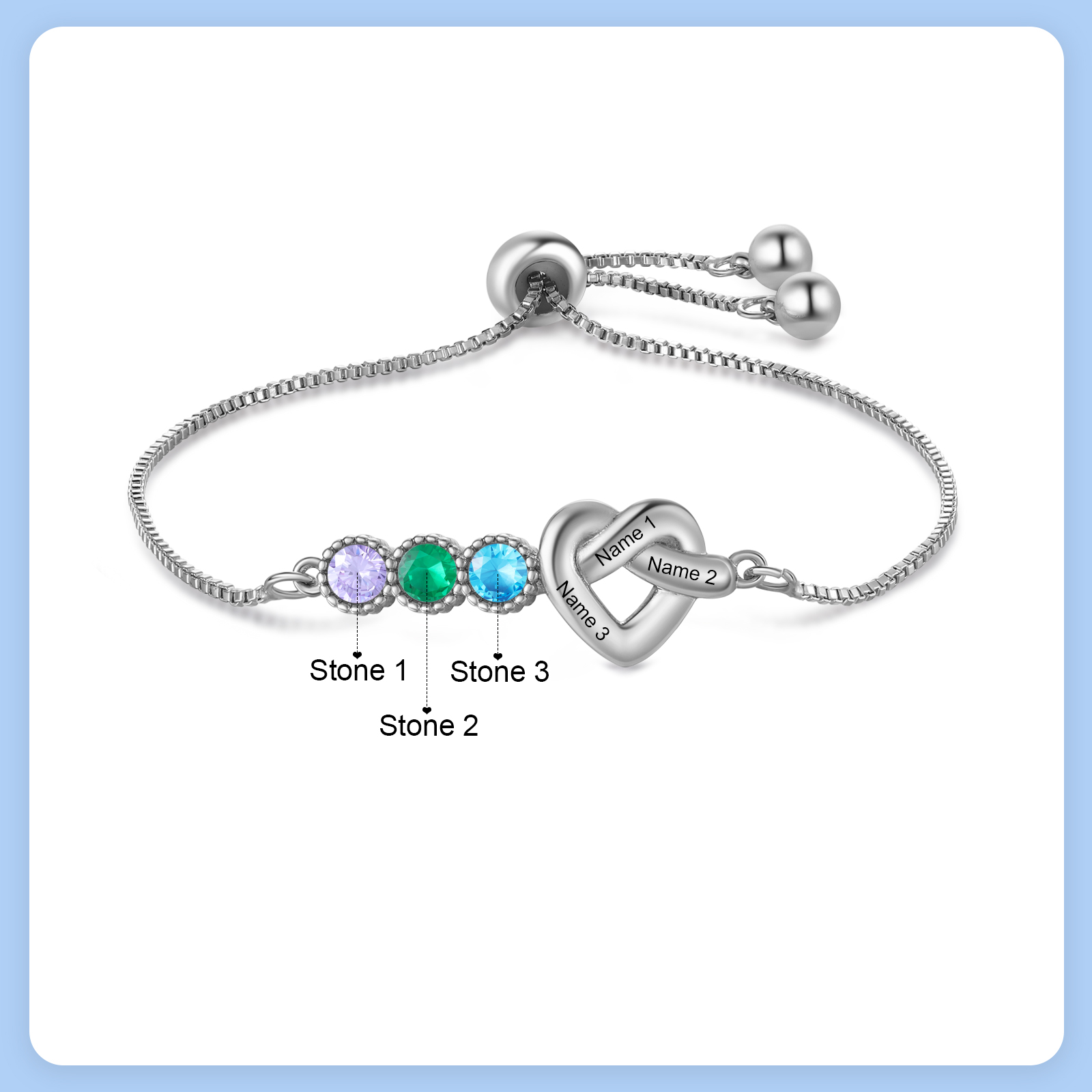 Personalised Birthstone Bracelet – Heart Knot Design, Custom 3 Names & 3 Birthstones Gift for Mother’s Day | Jessemade