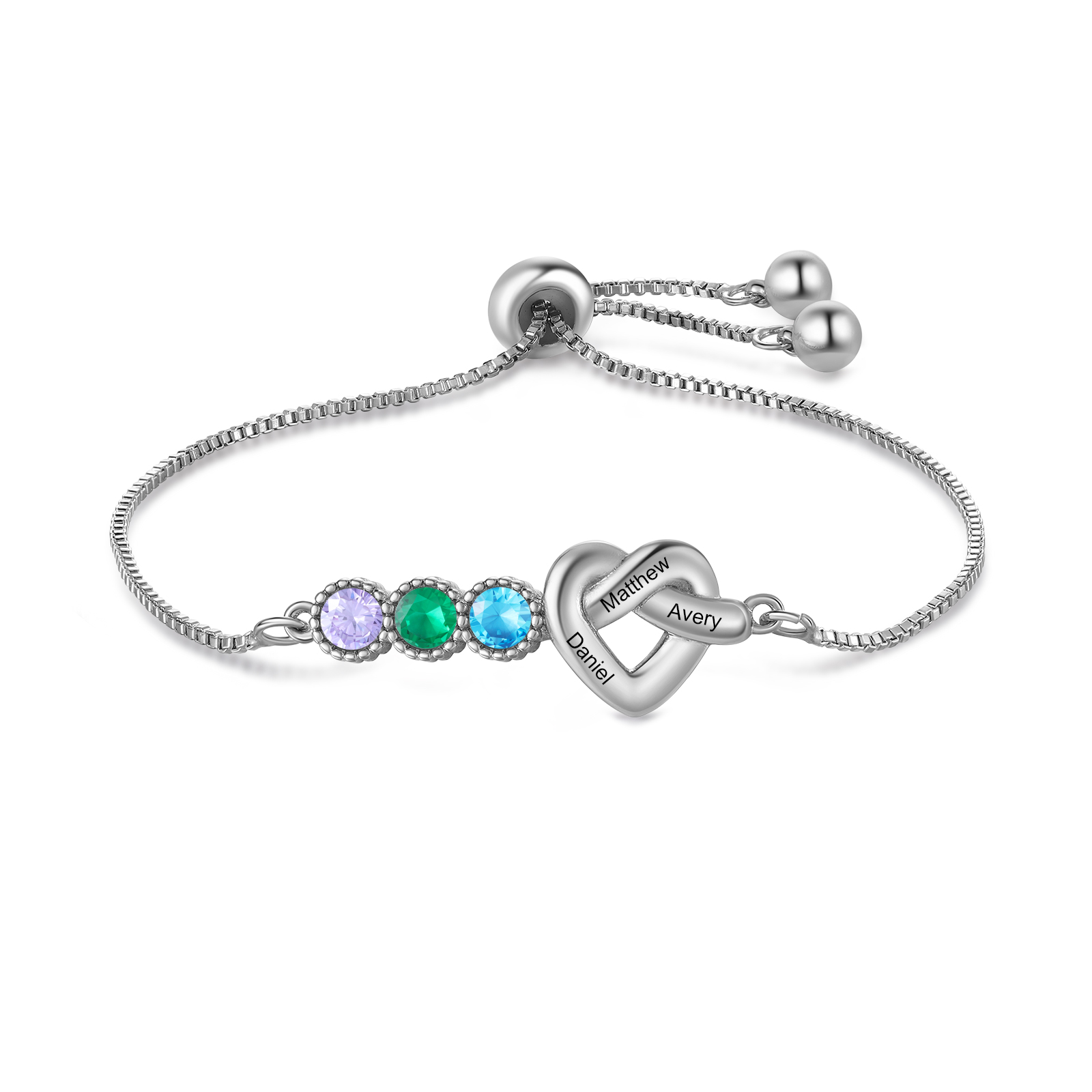 Personalised Birthstone Bracelet – Heart Knot Design, Custom 3 Names &