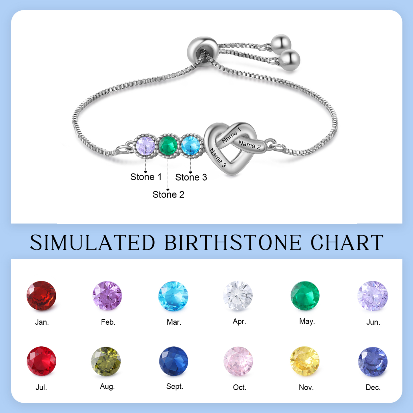 Personalised Birthstone Bracelet – Heart Knot Design, Custom 3 Names & 3 Birthstones Gift for Mother’s Day | Jessemade