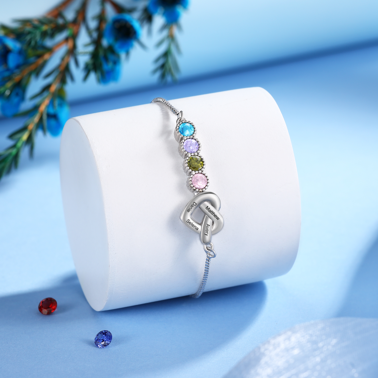 Personalised Birthstone Bracelet – Heart Knot Design, Custom 4 Names & 4 Birthstones Gift for Mother’s Day | Jessemade