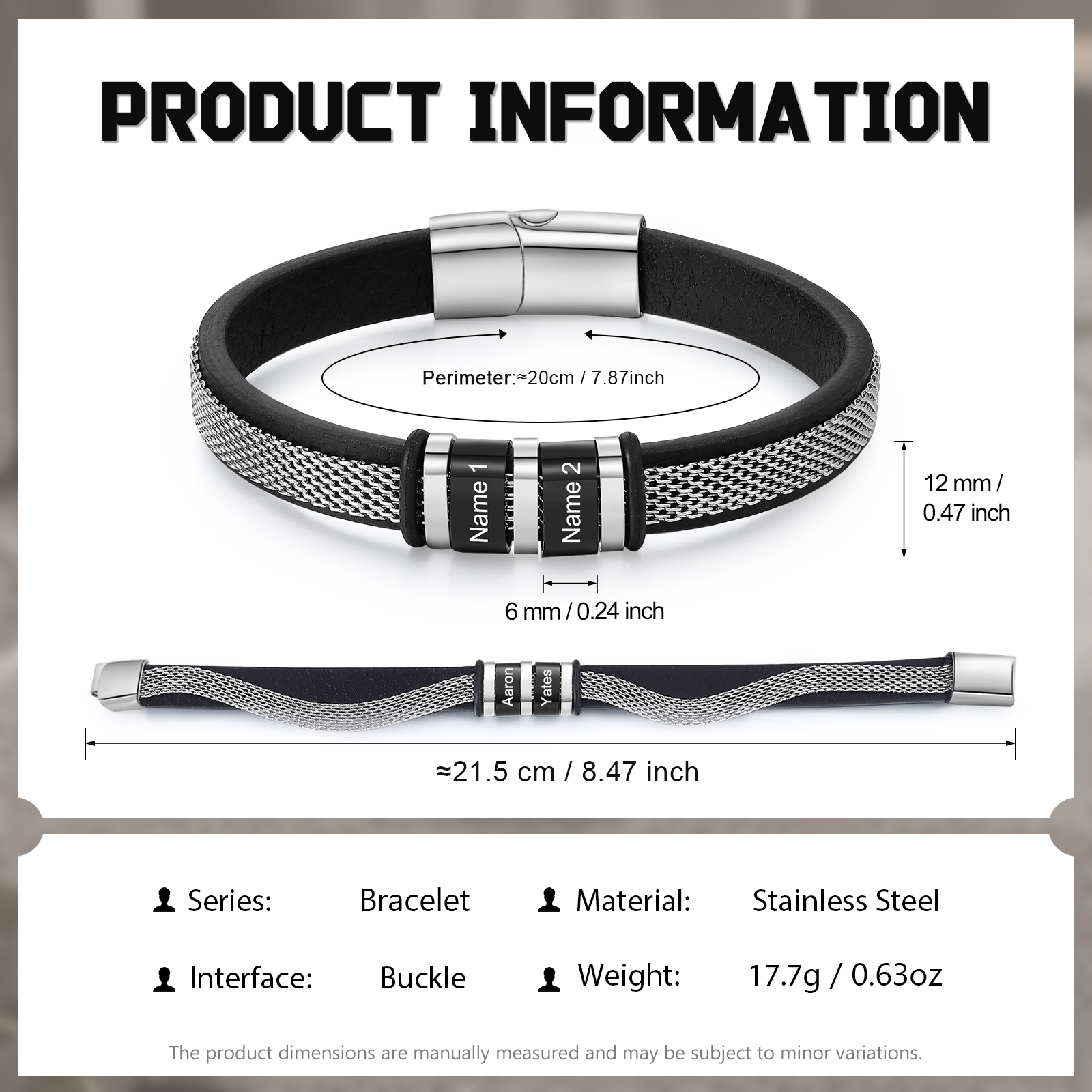 2 Names Custom Engraved Name Bracelet for Men – Stainless Steel & Leather Wristband with Personalised Beads | Jessemade