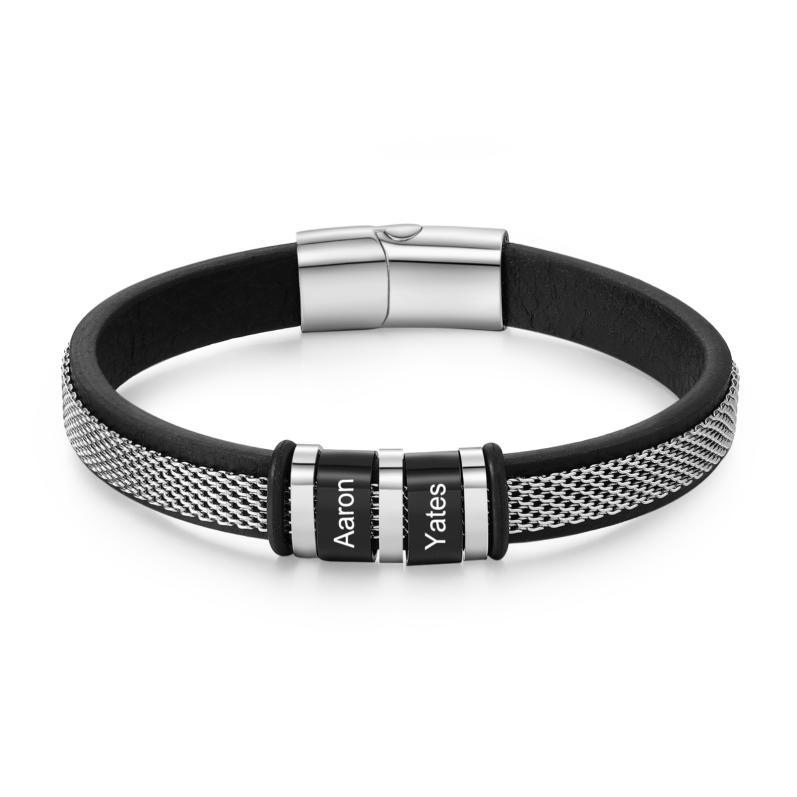 2 Names Custom Engraved Name Bracelet for Men – Stainless Steel & Leather Wristband with Personalised Beads | Jessemade
