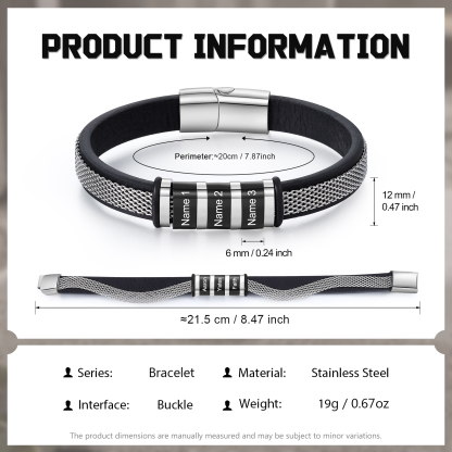 3 Names Custom Engraved Name Bracelet for Men – Stainless Steel & Leather Wristband with Personalised Beads | Jessemade
