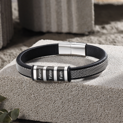 3 Names Custom Engraved Name Bracelet for Men – Stainless Steel & Leather Wristband with Personalised Beads | Jessemade