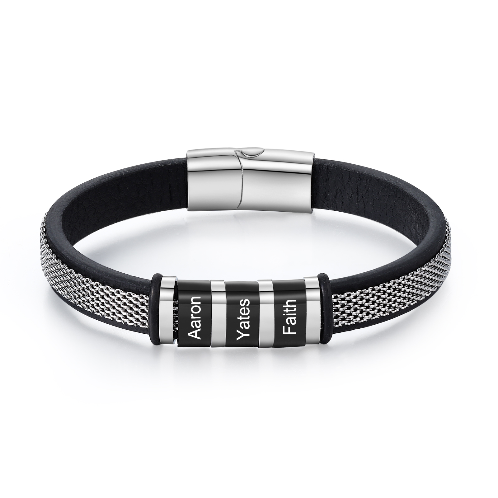 3 Names Custom Engraved Name Bracelet for Men – Stainless Steel & Leather Wristband with Personalised Beads | Jessemade