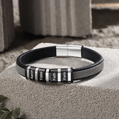 4 Names Custom Engraved Name Bracelet for Men – Stainless Steel & Leather Wristband with Personalised Beads | Jessemade