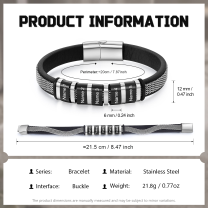 5 Names Custom Engraved Name Bracelet for Men – Stainless Steel & Leather Wristband with Personalised Beads | Jessemade
