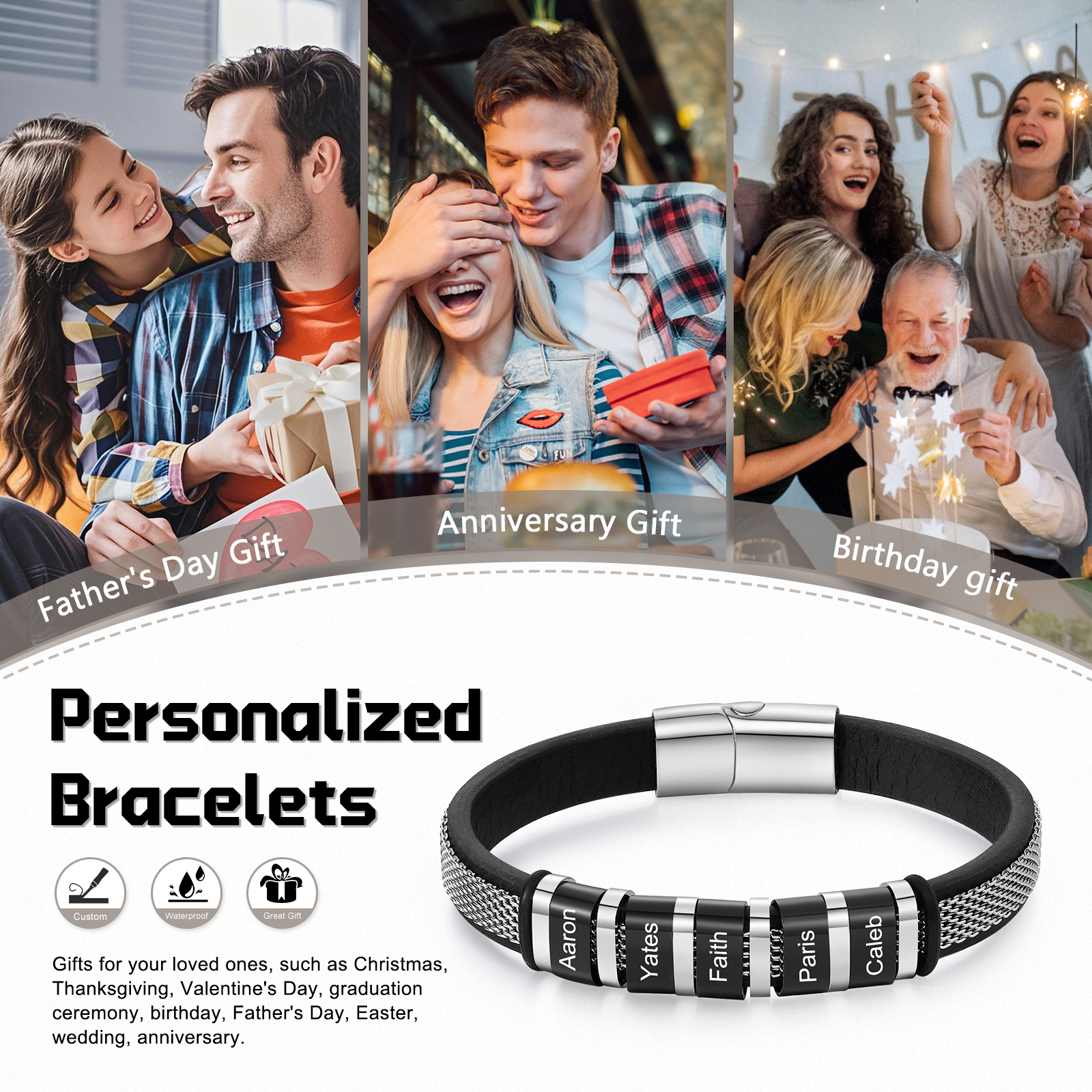 5 Names Custom Engraved Name Bracelet for Men – Stainless Steel & Leather Wristband with Personalised Beads | Jessemade