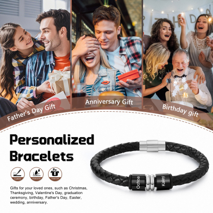 2 Names Custom Engraved Name Bracelet for Men – Leather Wristband with Personalised Beads for Him | Jessemade