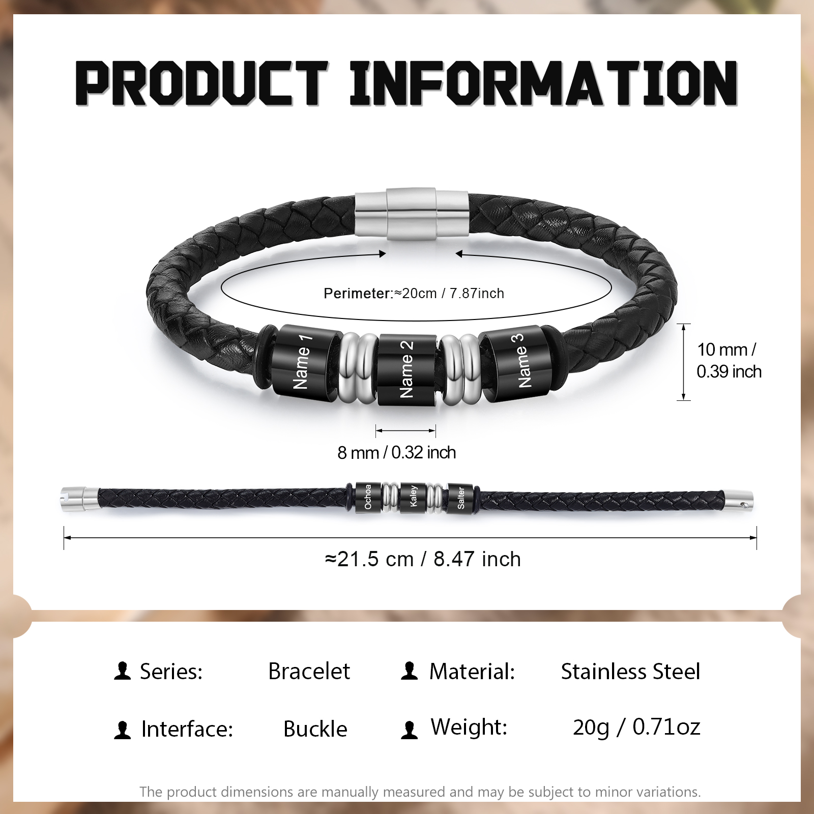 3 Names Custom Engraved Name Bracelet for Men – Leather Wristband with Personalised Beads for Him | Jessemade